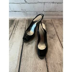 FIONA Women’s Black Peep Toe Slingback Woodgrain Heels / Size: 7